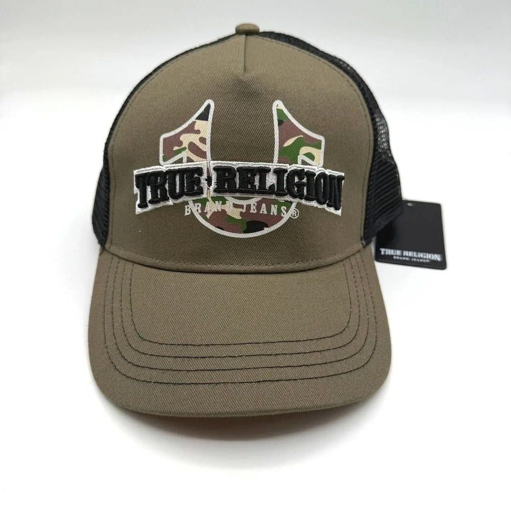 True Religion Hat Cap Camouflage Trucker Hat Olive Black Mesh OS Adult Y2K NEW